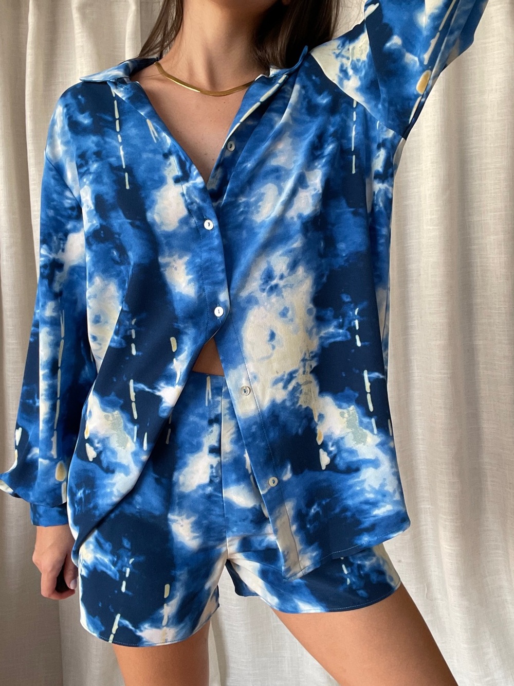 Blue Tie-Dye Button-Up Top & Shorts Set